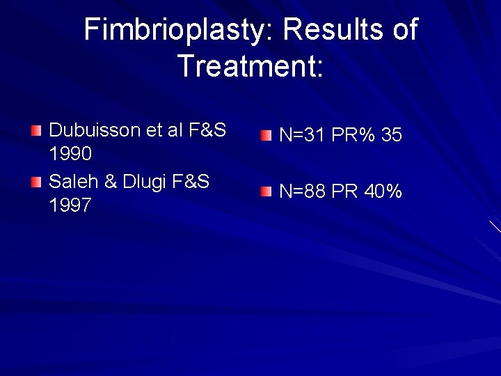 Fimbrioplasty: Results of Treatment: Dubuisson et al F&S 1990 Saleh & Dlugi F&S 1997