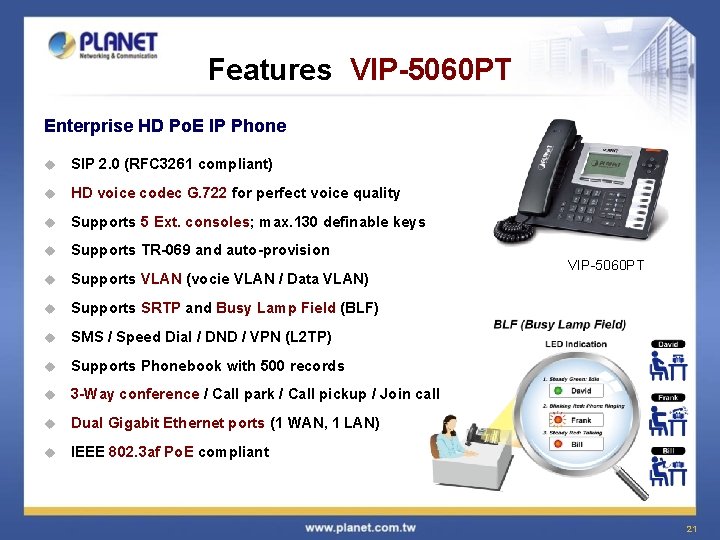 Features VIP-5060 PT Enterprise HD Po. E IP Phone u SIP 2. 0 (RFC