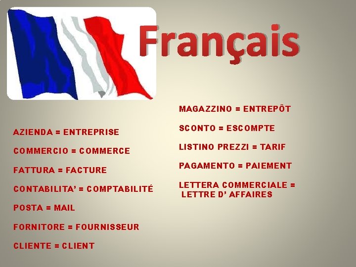 Français MAGAZZINO = ENTREPÔT AZIENDA = ENTREPRISE COMMERCIO = COMMERCE FATTURA = FACTURE CONTABILITA’