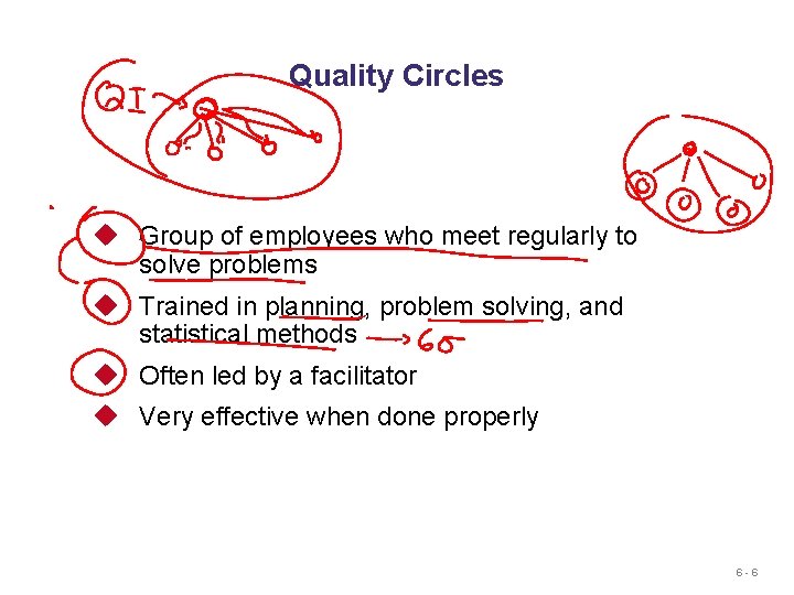 Quality Circles u Group of employees who meet regularly to solve problems u Trained