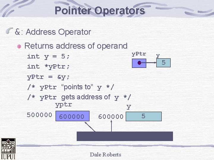 Pointer Operators &: Address Operator Returns address of operand y. Ptr int y =
