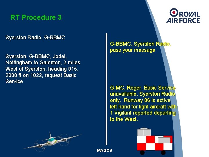 RT Procedure 3 Syerston Radio, G-BBMC, Syerston Radio, pass your message Syerston, G-BBMC, Jodel,