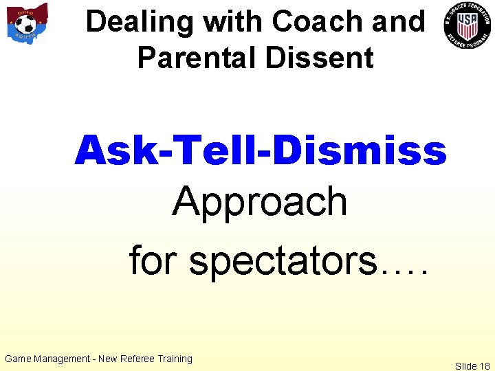 Dealing with Coach and Parental Dissent Ask-Tell-Dismiss Approach for spectators…. Game Management - New