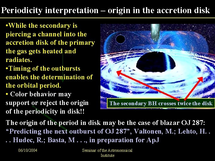 Periodicity interpretation – origin in the accretion disk • While the secondary is piercing