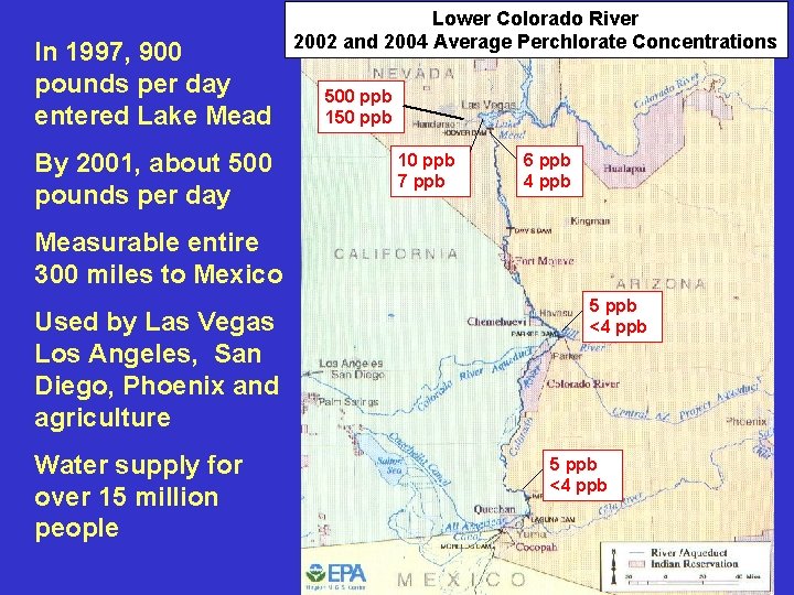 In 1997, 900 pounds per day entered Lake Mead By 2001, about 500 pounds