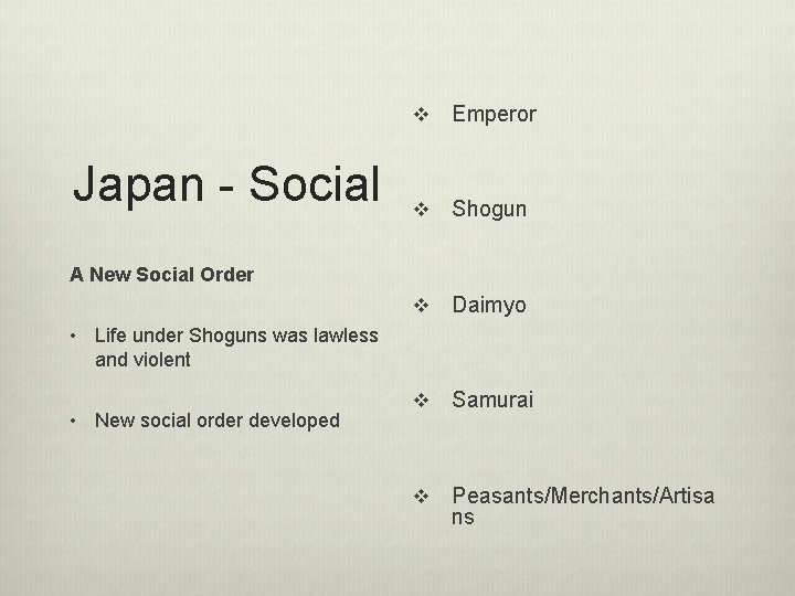 Japan - Social v Emperor v Shogun v Daimyo v Samurai v Peasants/Merchants/Artisa ns