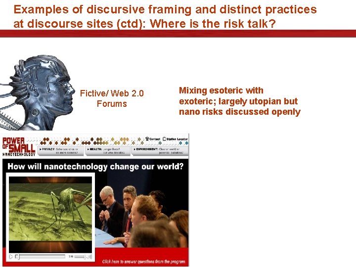 Examples of discursive framing and distinct practices at discourse sites (ctd): Where is the