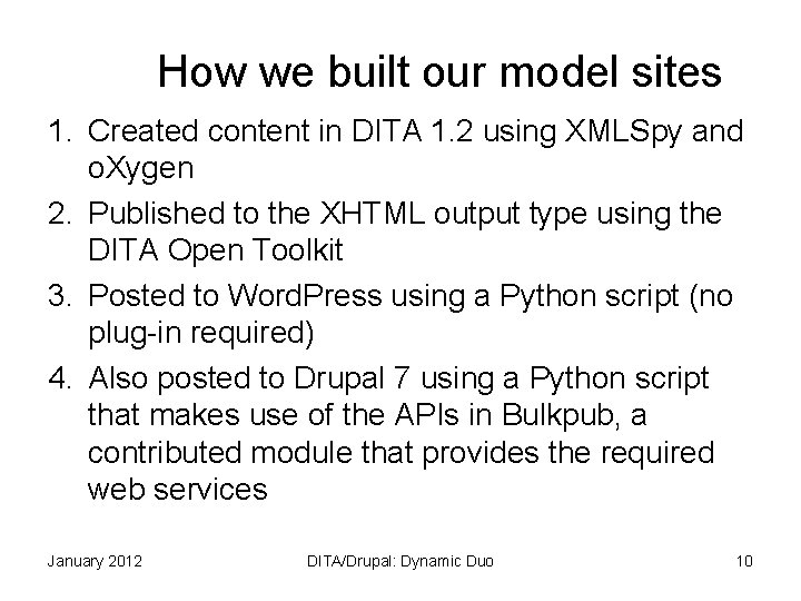 How we built our model sites 1. Created content in DITA 1. 2 using