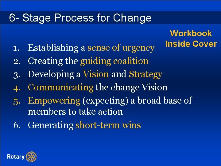 6 - Stage Process for Change 1. 2. 3. 4. 5. Workbook Inside Cover