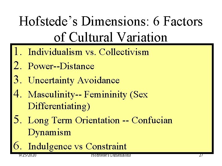 Hofstede’s Dimensions: 6 Factors of Cultural Variation 1. 2. 3. 4. 5. 6. Individualism