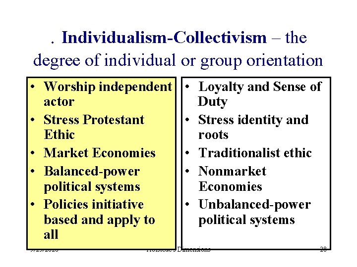 . Individualism-Collectivism – the degree of individual or group orientation • Worship independent actor