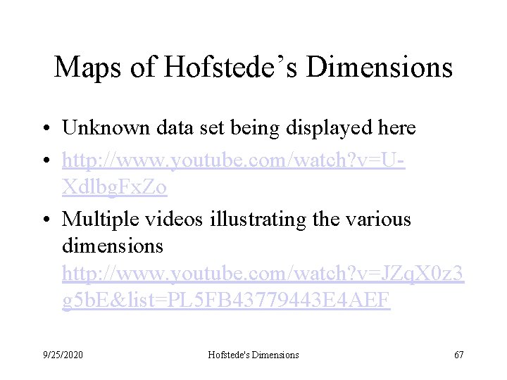 Maps of Hofstede’s Dimensions • Unknown data set being displayed here • http: //www.