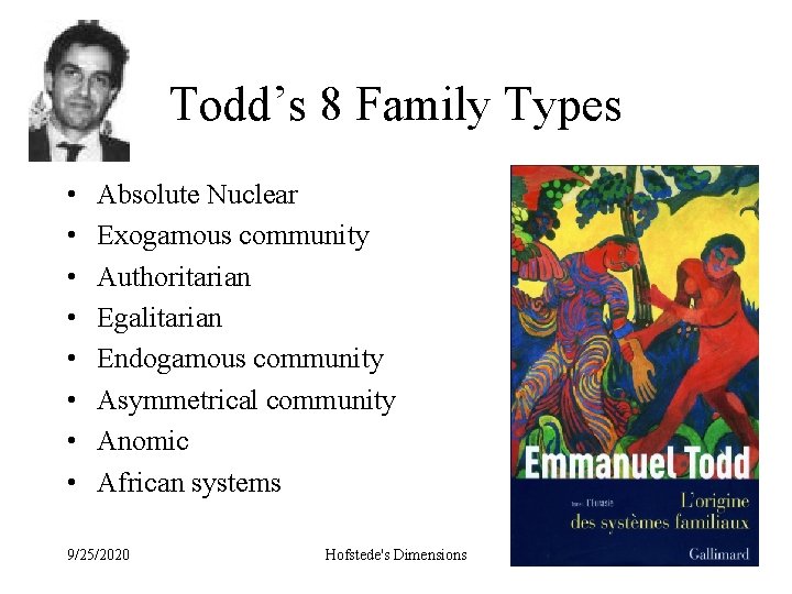 Todd’s 8 Family Types • • Absolute Nuclear Exogamous community Authoritarian Egalitarian Endogamous community