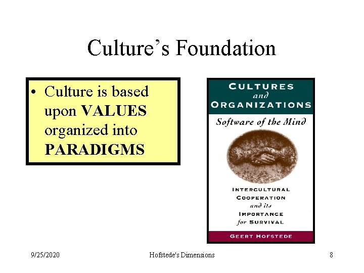 Culture’s Foundation • Culture is based upon VALUES organized into PARADIGMS 9/25/2020 Hofstede's Dimensions