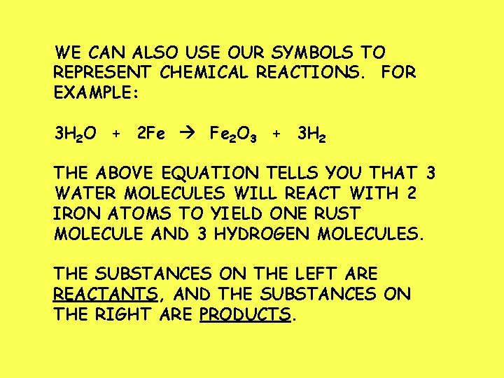 WE CAN ALSO USE OUR SYMBOLS TO REPRESENT CHEMICAL REACTIONS. FOR EXAMPLE: 3 H