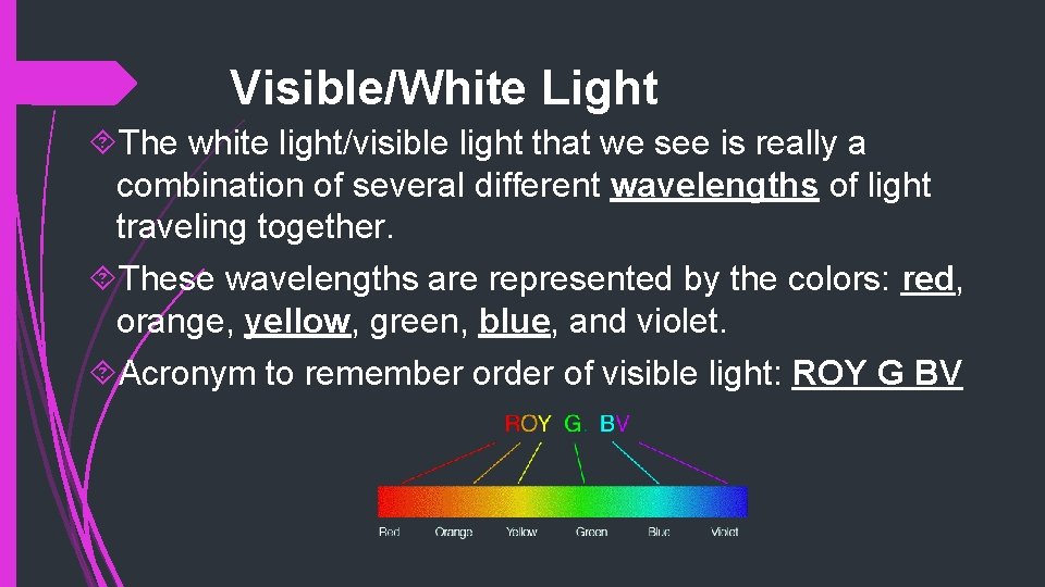 Visible/White Light The white light/visible light that we see is really a combination of