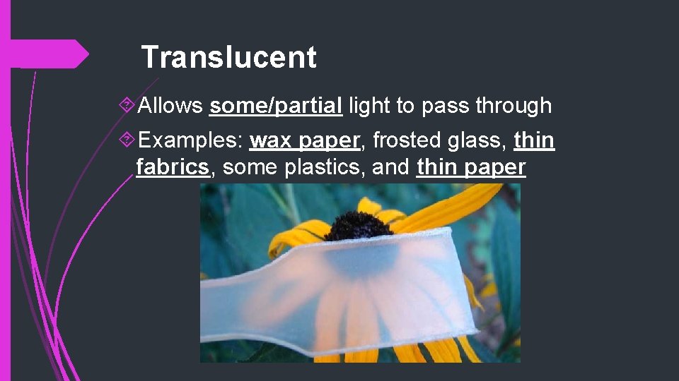 Translucent Allows some/partial light to pass through Examples: wax paper, frosted glass, thin fabrics,