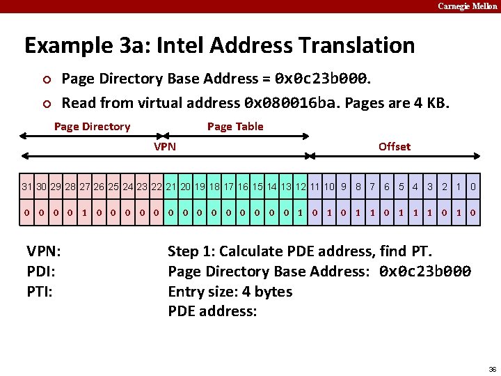 Carnegie Mellon Example 3 a: Intel Address Translation Page Directory Base Address = 0