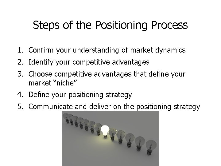 Steps of the Positioning Process 1. Confirm your understanding of market dynamics 2. Identify