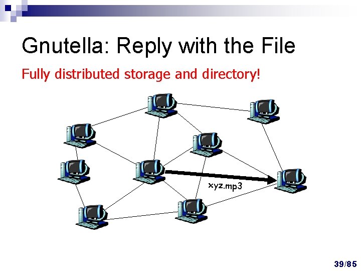 Gnutella: Reply with the File Fully distributed storage and directory! xyz. mp 3 39/85 Gnutella: Reply with the File Fully distributed storage and directory! xyz. mp 3 39/85