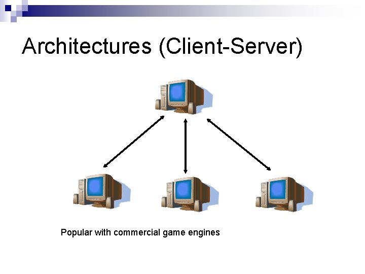 Architectures (Client-Server) Popular with commercial game engines Architectures (Client-Server) Popular with commercial game engines
