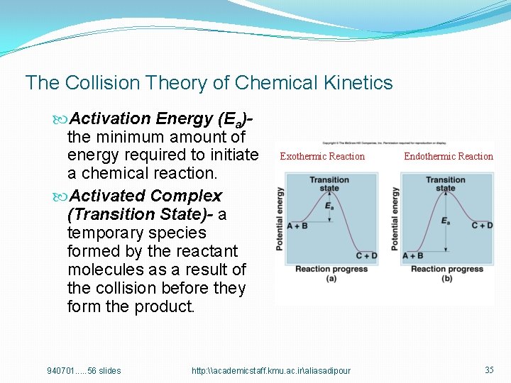 The Collision Theory of Chemical Kinetics Activation Energy (Ea)the minimum amount of energy required