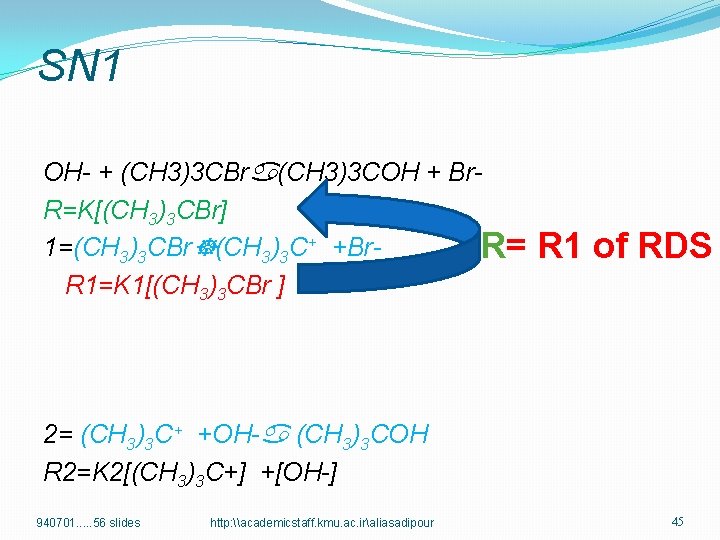 SN 1 OH- + (CH 3)3 CBr (CH 3)3 COH + Br. R=K[(CH 3)3