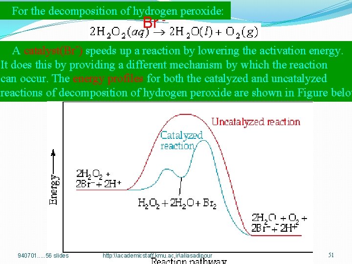 For the decomposition of hydrogen peroxide: Br - A catalyst(Br-) speeds up a reaction