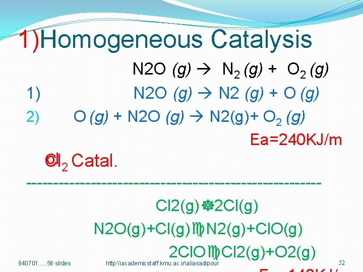 1)Homogeneous Catalysis N 2 O (g) N 2 (g) + O 2 (g) N