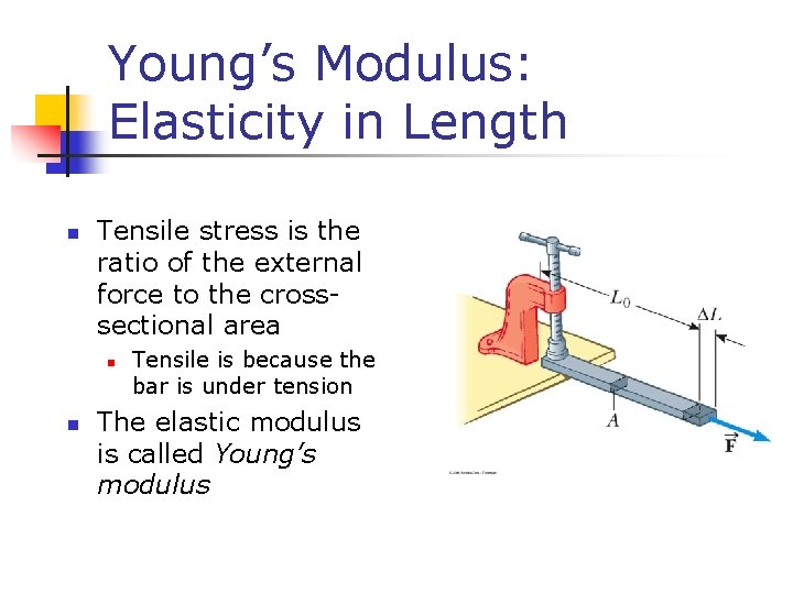 Young’s Modulus: Elasticity in Length n Tensile stress is the ratio of the external