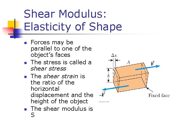 Shear Modulus: Elasticity of Shape n n Forces may be parallel to one of