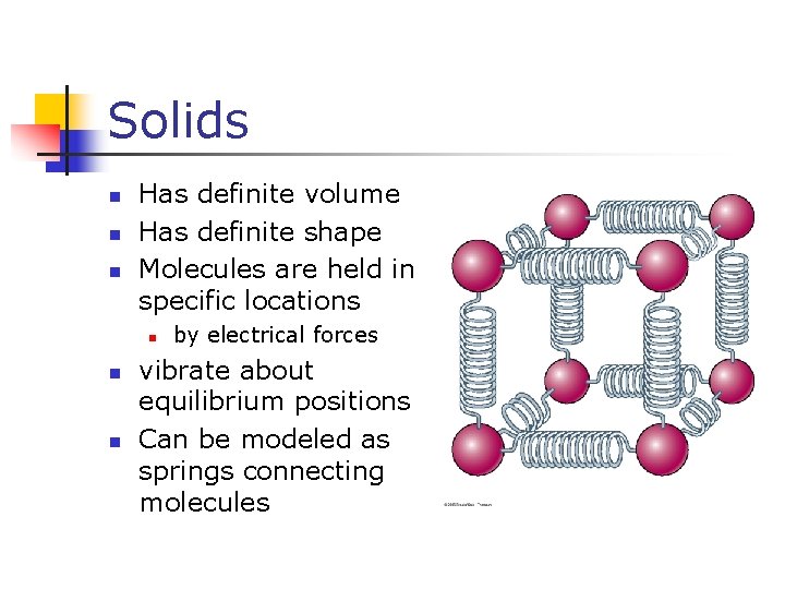 Solids n n n Has definite volume Has definite shape Molecules are held in