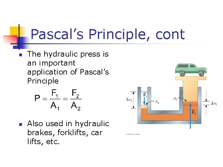 Pascal’s Principle, cont n n The hydraulic press is an important application of Pascal’s