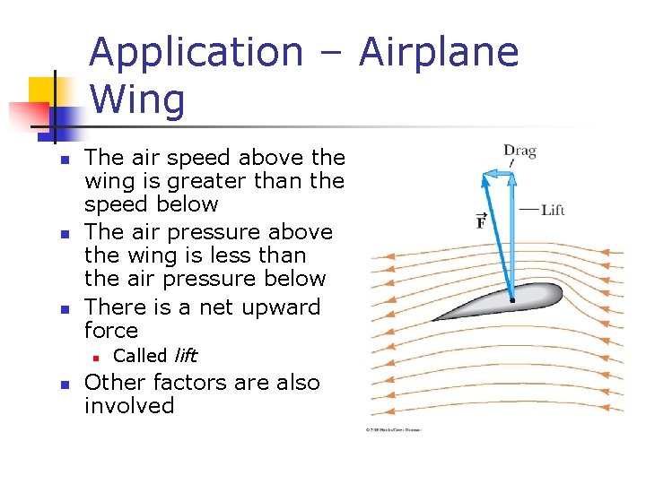 Application – Airplane Wing n n n The air speed above the wing is