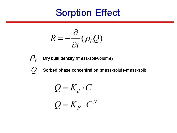 Sorption Effect Dry bulk density (mass-soil/volume) Q Sorbed phase concentration (mass-solute/mass-soil) 