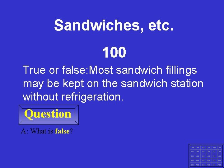 Sandwiches, etc. 100 True or false: Most sandwich fillings may be kept on the