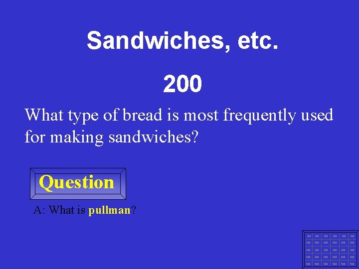 Sandwiches, etc. 200 What type of bread is most frequently used for making sandwiches?