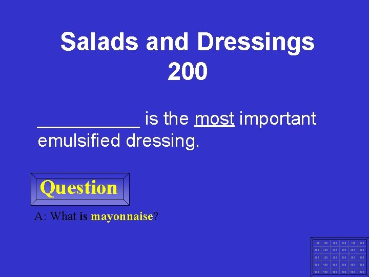 Salads and Dressings 200 _____ is the most important emulsified dressing. Question A: What