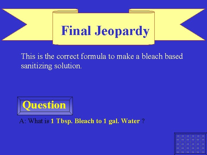 Final Jeopardy This is the correct formula to make a bleach based sanitizing solution.