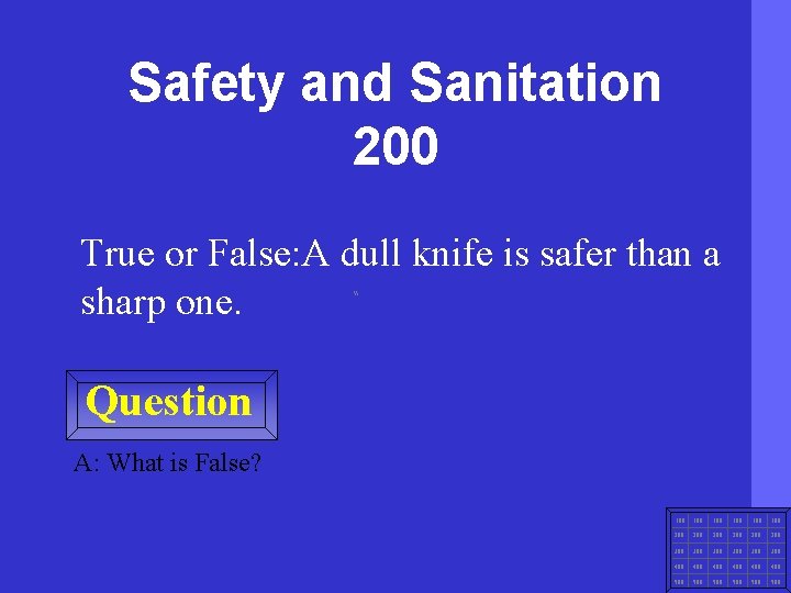 Safety and Sanitation 200 True or False: A dull knife is safer than a