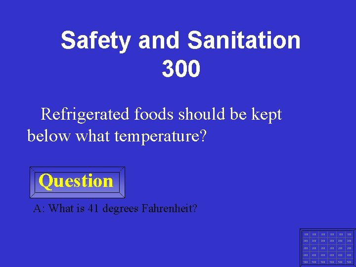 Safety and Sanitation 300 Refrigerated foods should be kept below what temperature? Question A: