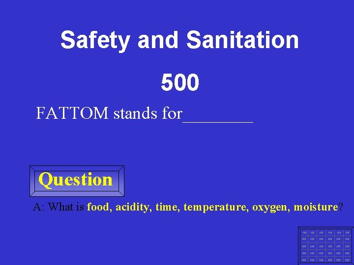 Safety and Sanitation 500 FATTOM stands for____ Question A: What is food, acidity, time,