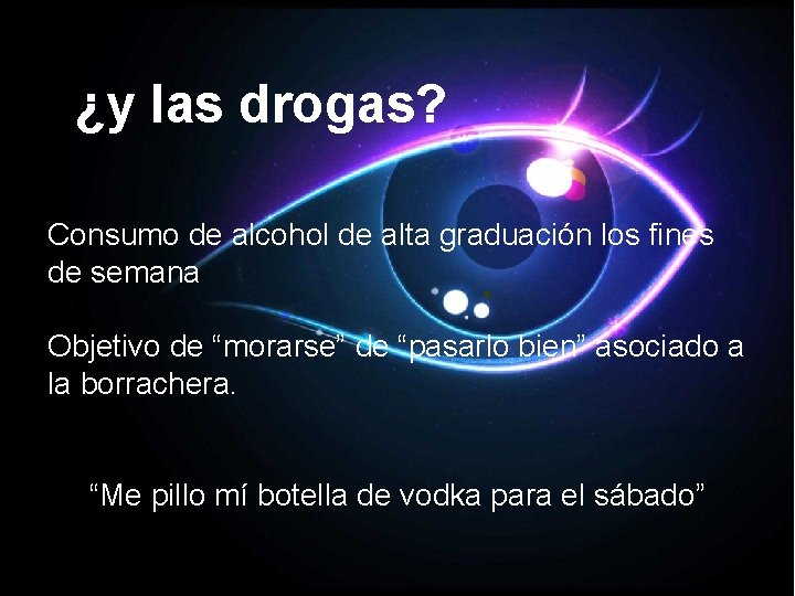 ¿y las drogas? Consumo de alcohol de alta graduación los fines de semana Objetivo