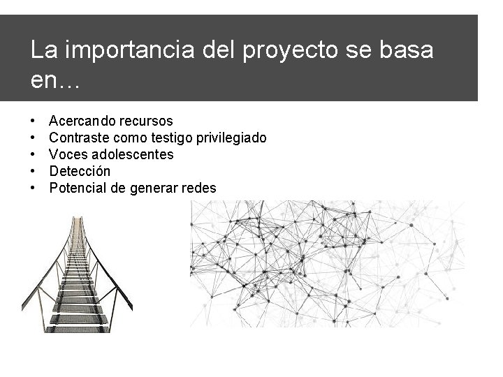 La importancia del proyecto se basa en… • • • Acercando recursos Contraste como