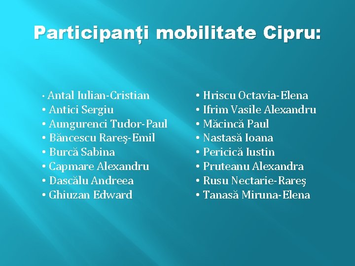 Participanți mobilitate Cipru: • Antal Iulian-Cristian • Antici Sergiu • Aungurenci Tudor-Paul • Băncescu