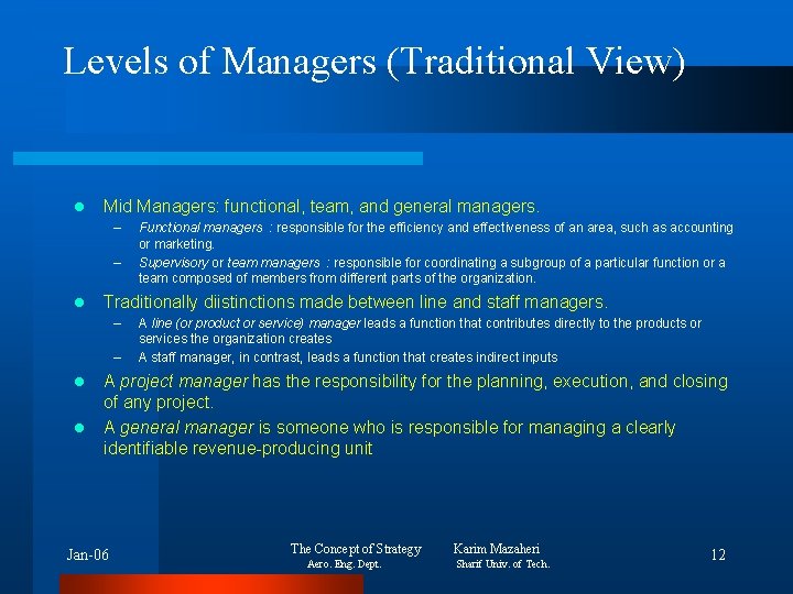 Levels of Managers (Traditional View) l Mid Managers: functional, team, and general managers. –