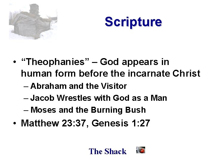 Scripture • “Theophanies” – God appears in human form before the incarnate Christ –