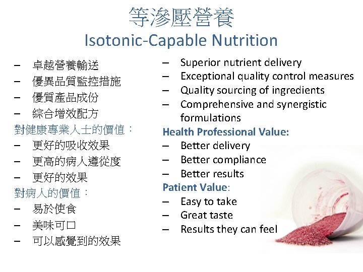 等滲壓營養 Isotonic-Capable Nutrition – 卓越營養輸送 – 優異品質監控措施 – 優質產品成份 – 綜合增效配方 對健康專業人士的價值： – 更好的吸收效果