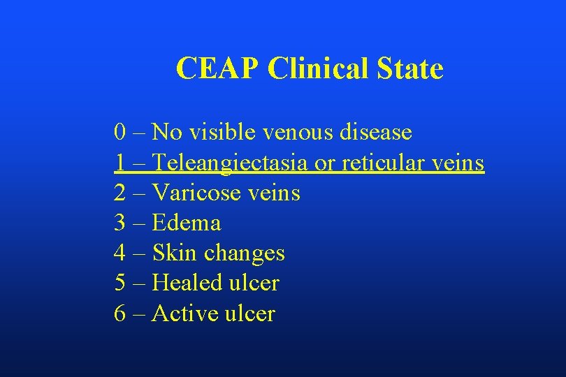 CEAP Clinical State 0 – No visible venous disease 1 – Teleangiectasia or reticular