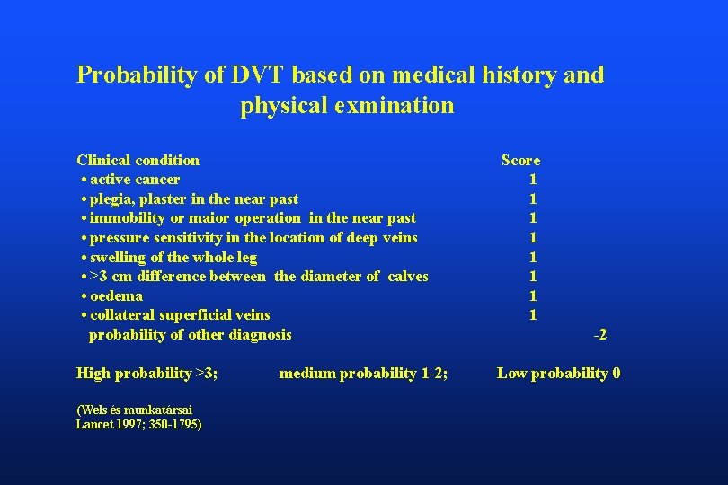 Probability of DVT based on medical history and physical exmination Clinical condition • active